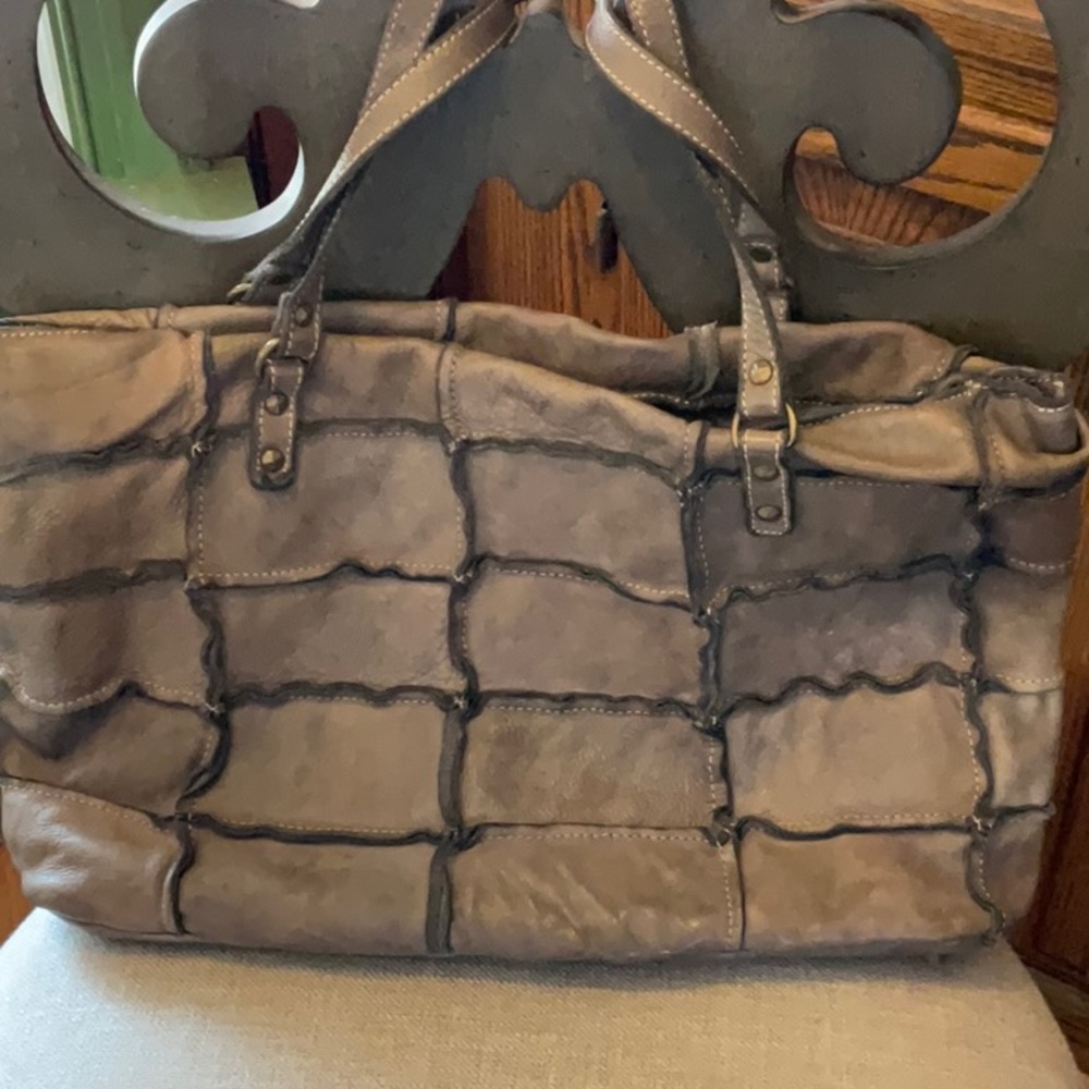 Neutral Gray Patchwork Tote with Stitched Detail - Picture 10 of 10